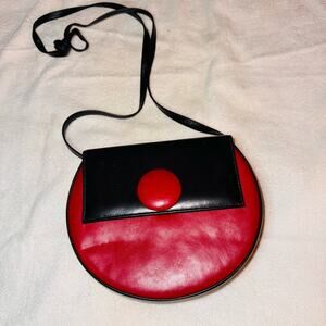 Vintage Etra Round Crossbody Bag Red & Black Genuine Leather 60s Classic Retro